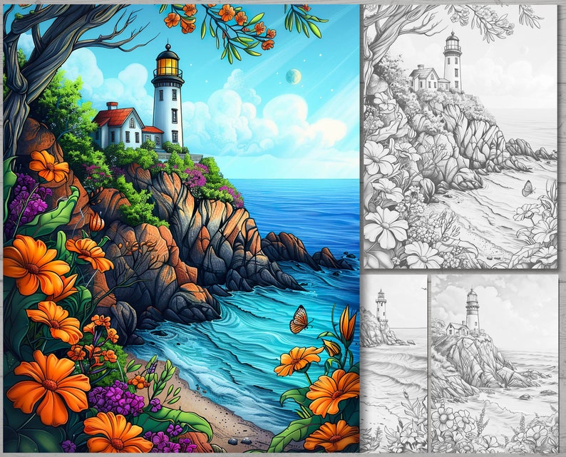 May include: A colorful illustration of a lighthouse on a rocky cliff overlooking a blue ocean. The lighthouse is white with a red roof and a black lantern. There are flowers and trees in the foreground, and a butterfly flying in the air.