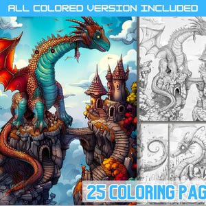 Magical Castle and Dragon Coloring Book,  fantasy coloring pages, fairy tale drawings,Dragon Artwork, Knight Tales, Fantasy Coloring Fun