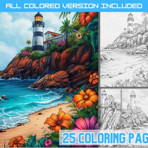 May include: A digital coloring book featuring a lighthouse on a rocky cliff overlooking a blue ocean with waves crashing on the shore. The scene is surrounded by lush green foliage and colorful flowers. The text "25 Coloring Pages" is displayed at the bottom of the image.