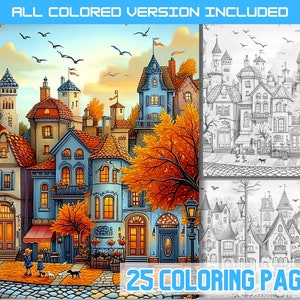 Pode incluir: Um conjunto de 25 páginas para colorir que apresentam uma encantadora cena de cidade outonal com edifícios coloridos, árvores e uma rua de paralelepípedos. As páginas são perfeitas para adultos e crianças que gostam de colorir.