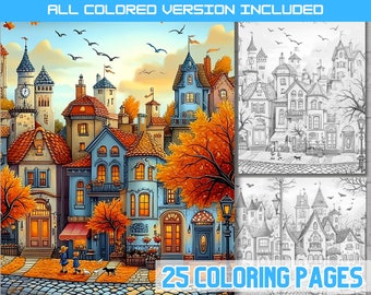Autumn City Coloring Book: 25 Cozy Fall Street Art (PDF Download)