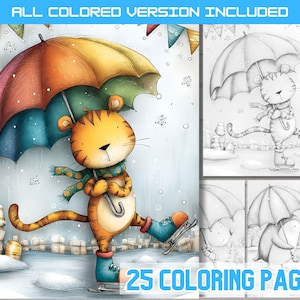 May include: A digital download featuring a cartoon tiger ice skating under a colorful umbrella. The tiger is wearing a scarf and ice skates. The image includes the text "ALL COLORED VERSION INCLUDED" and "25 COLORING PAGES".