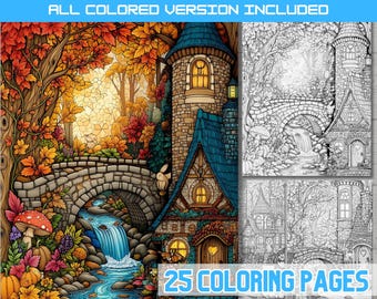 Whimsical Enchanted Autumn Forest Coloring Pages, Fantasy Cottage Village, Cozy Fall Landscape, Book PDF