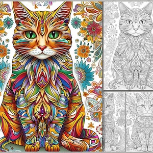 Op de afbeelding: Een kleurrijke, ingewikkelde illustratie van een kat die op een bloemige achtergrond zit. De vacht van de kat is een mix van oranje, geel, groen, blauw en paars. De bloemen zijn in tinten roze, geel en blauw.