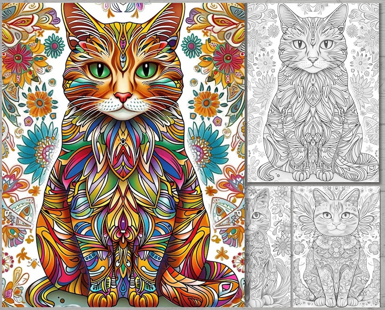 Op de afbeelding: Een kleurrijke, ingewikkelde illustratie van een kat die op een bloemige achtergrond zit. De vacht van de kat is een mix van oranje, geel, groen, blauw en paars. De bloemen zijn in tinten roze, geel en blauw.