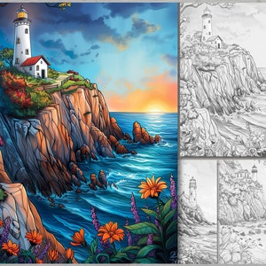 May include: A white lighthouse with a red roof sits on a rocky cliff overlooking a blue ocean. The sun is setting in the distance, casting a warm glow on the scene. There are orange and purple flowers in the foreground.