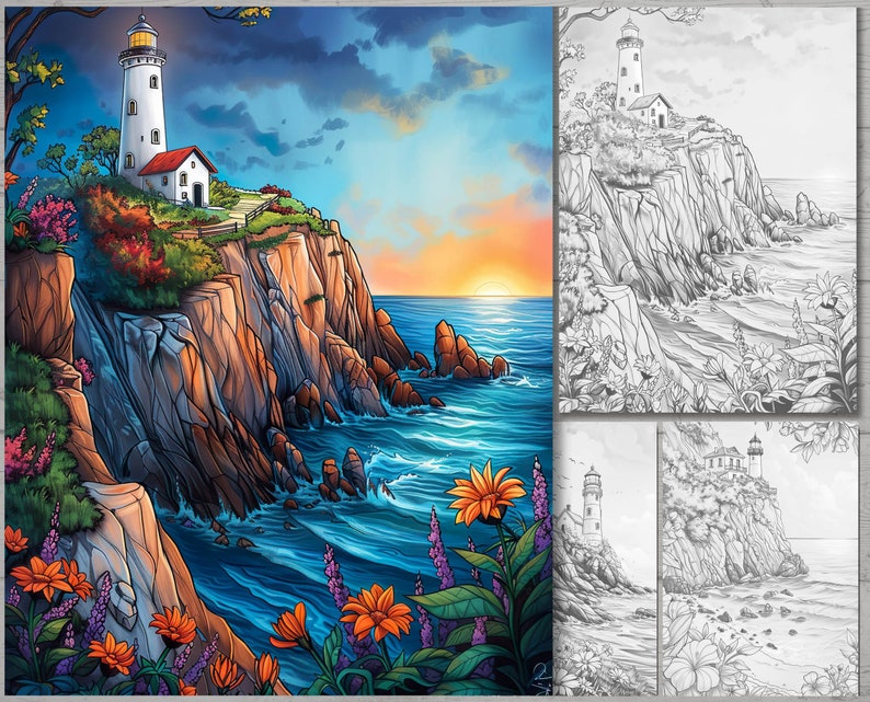 May include: A white lighthouse with a red roof sits on a rocky cliff overlooking a blue ocean. The sun is setting in the distance, casting a warm glow on the scene. There are orange and purple flowers in the foreground.