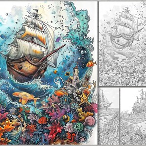 May include: A watercolor painting of a ship sailing above a vibrant underwater scene. The ship has brown sails and a wooden hull. The underwater scene features coral reefs, fish, and other sea life. The painting is done in a whimsical style with a lot of detail.