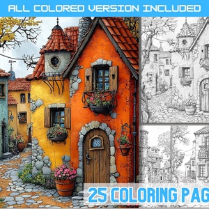 Peut inclure: Un livre de coloriage numérique comprenant 25 pages d'illustrations d'un charmant village européen avec des maisons colorées, des rues pavées et une végétation luxuriante. L'image montre un gros plan d'une maison jaune et orange avec un toit en tuiles rouges et une porte en bois brun.