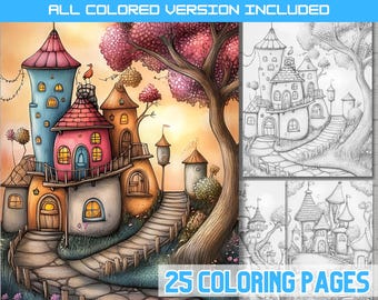 Fairy Village Coloring Pages: Whimsical Fantasy Art (Digital Download)
