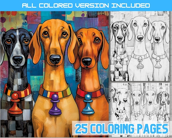 チェスをする面白い犬のぬり絵、ダックスフントのぬり絵（デジタル