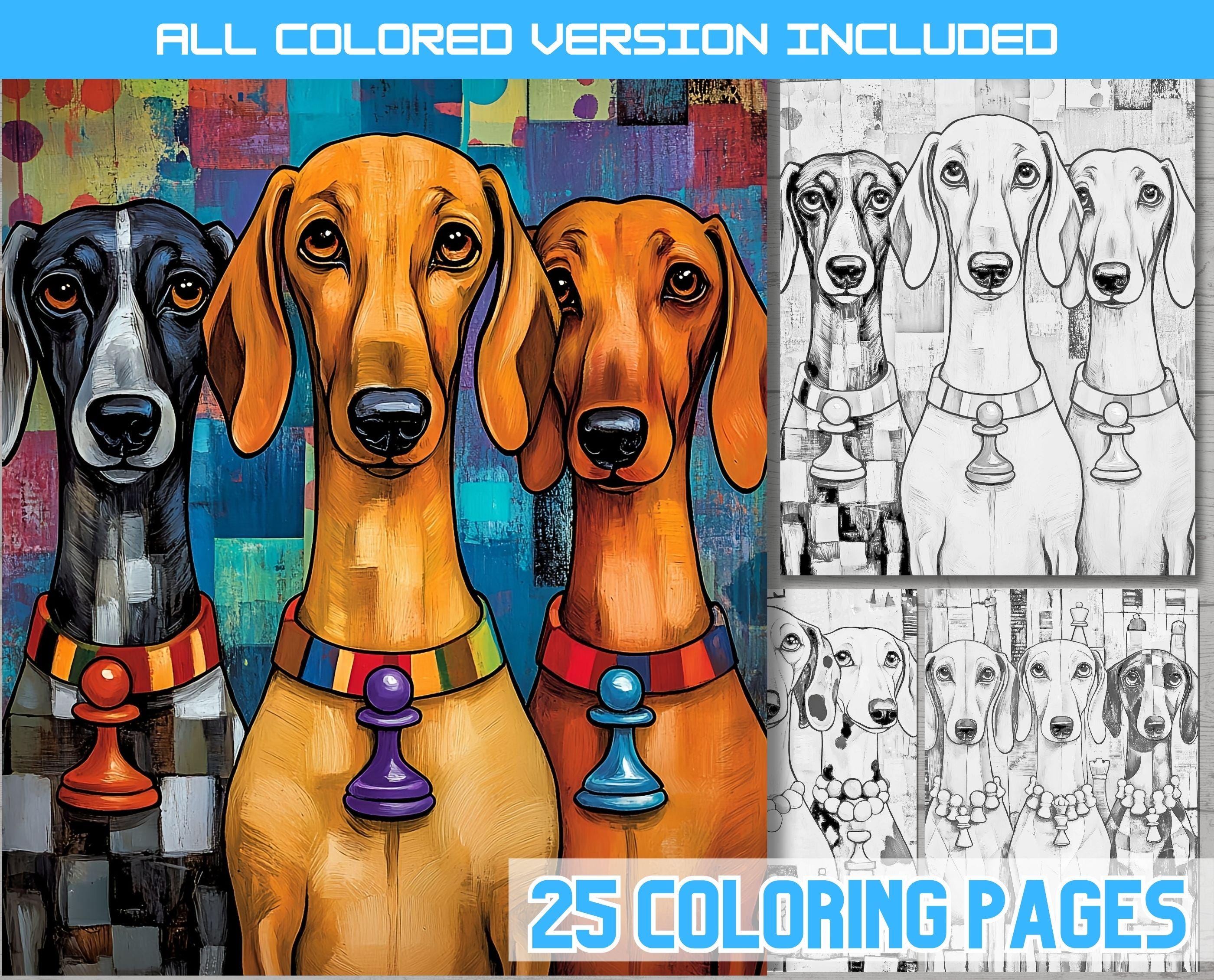 チェスをする面白い犬のぬり絵、ダックスフントのぬり絵（デジタル