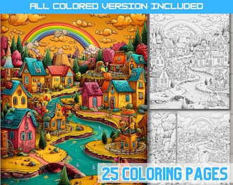 Whimsical River City Coloring Pages, Fantasy Town Art (PDF Download)