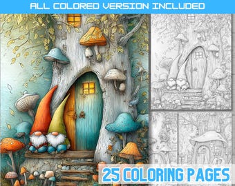 Whimsical Gnome Coloring Pages, Enchanted Forest Printable Book fairy House pdf dpwnload