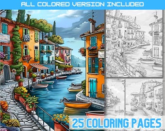 Kleurboek Italiaans Lakeside Village: schilderachtige kleurplaten (digitale download)