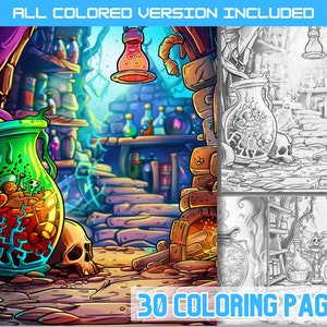 May include: A colorful illustration of a potion-filled alchemist's workshop. The scene features a large green glass jar filled with various ingredients, a skull, and a glowing lantern. The image is part of a set of 30 coloring pages.