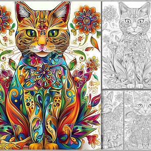 Op de afbeelding: Een kleurrijke, gedetailleerde illustratie van een kat met ingewikkelde bloemmotieven. De kat zit met zijn poten onder zich. De achtergrond is wit met bloemmotieven.