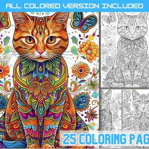 May include: A colourful, intricate illustration of a cat with a floral background. The cat is sitting with its paws crossed and has a detailed, patterned design on its fur. The background is filled with flowers, butterflies, and other decorative elements. The image is a colouring page with 25 pages in total.