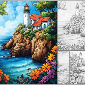 May include: A colorful painting of a lighthouse on a rocky cliff overlooking a blue ocean. The lighthouse is white with a red roof and a black and white striped tower. There are green trees and bushes surrounding the lighthouse. The ocean is a deep blue with white waves crashing against the rocks.