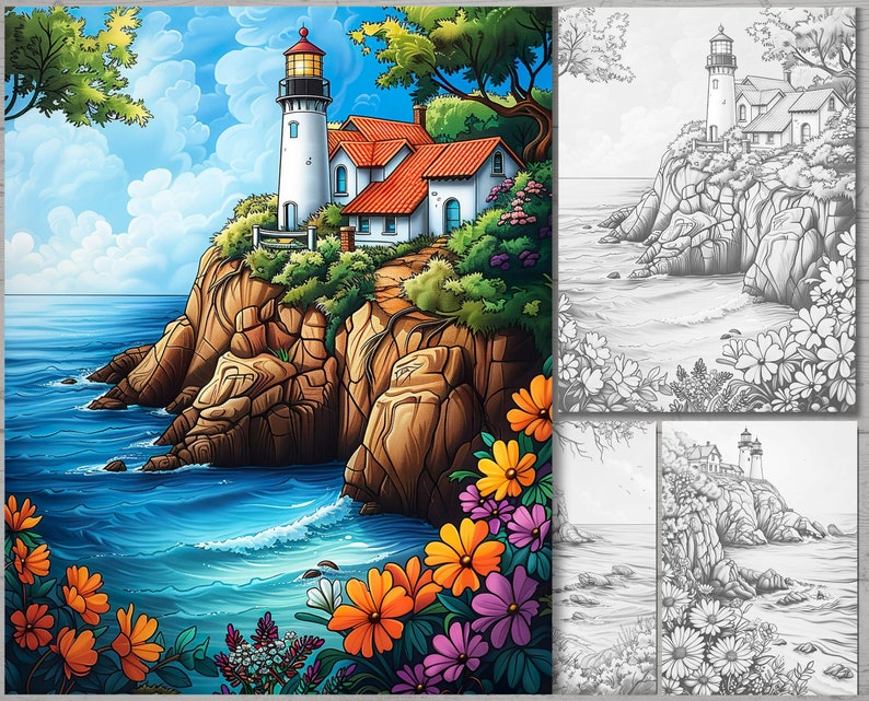 May include: A colorful painting of a lighthouse on a rocky cliff overlooking a blue ocean. The lighthouse is white with a red roof and a black and white striped tower. There are green trees and bushes surrounding the lighthouse. The ocean is a deep blue with white waves crashing against the rocks.