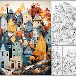 May include: A colorful illustration of a village with houses in shades of blue, yellow, and orange, nestled among trees with autumn foliage. The image includes a black and white sketch of the same village.
