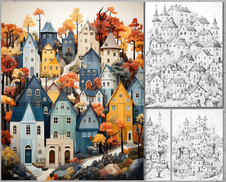 May include: A colorful illustration of a village with houses in shades of blue, yellow, and orange, nestled among trees with autumn foliage. The image includes a black and white sketch of the same village.