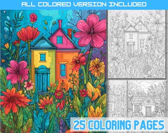 Whimsical Garden Cottage Coloring Pages: Floral Art, Grayscale & Color (PDF Download)