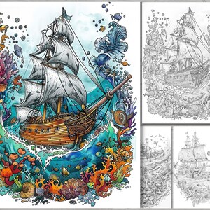 May include: A watercolor illustration of a ship sailing through a vibrant underwater scene. The ship has white sails and a brown hull, surrounded by colorful coral, fish, and seaweed. The background is a blue and green watercolor wash.