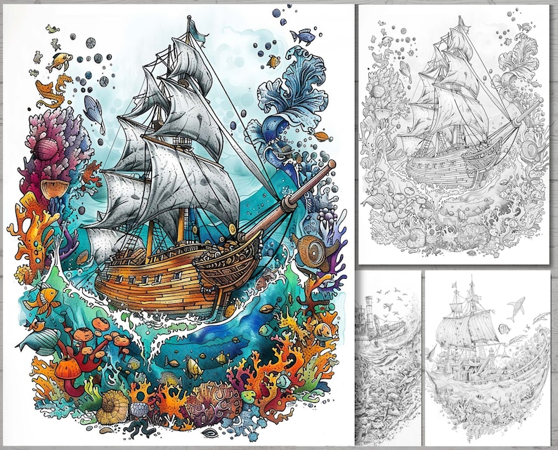 May include: A watercolor illustration of a ship sailing through a vibrant underwater scene. The ship has white sails and a brown hull, surrounded by colorful coral, fish, and seaweed. The background is a blue and green watercolor wash.