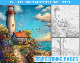 Lighthouse Seascape Coloring Page, Ocean Coast Coloring Book, Beach Waves Nautical Art.