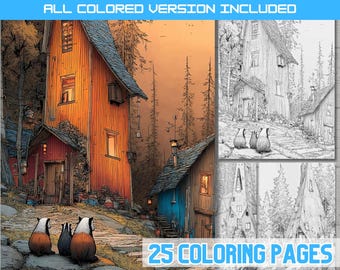 Cottage Coloring Book Pages, Forest Houses, Autumn Woods (PDF Download)