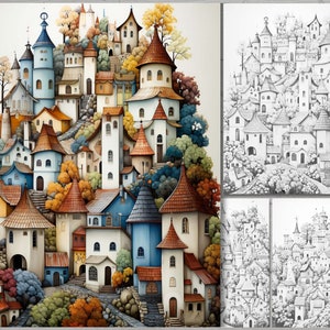 May include: Watercolor illustration of a whimsical village nestled on a hillside. The buildings feature colorful facades, including blue, white, and orange, with conical and turreted roofs. Lush trees and foliage surround the structures, creating a vibrant, storybook scene.
