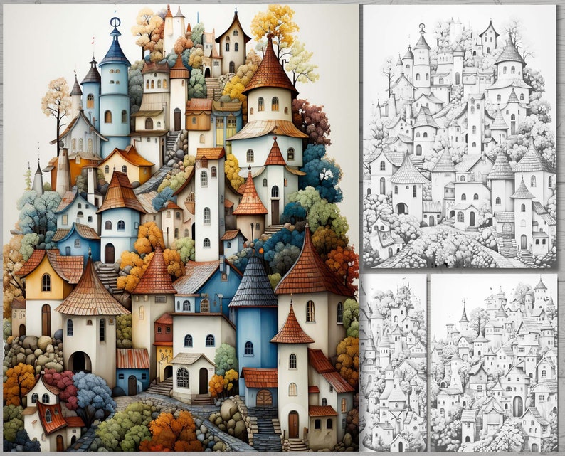 May include: Watercolor illustration of a whimsical village nestled on a hillside. The buildings feature colorful facades, including blue, white, and orange, with conical and turreted roofs. Lush trees and foliage surround the structures, creating a vibrant, storybook scene.