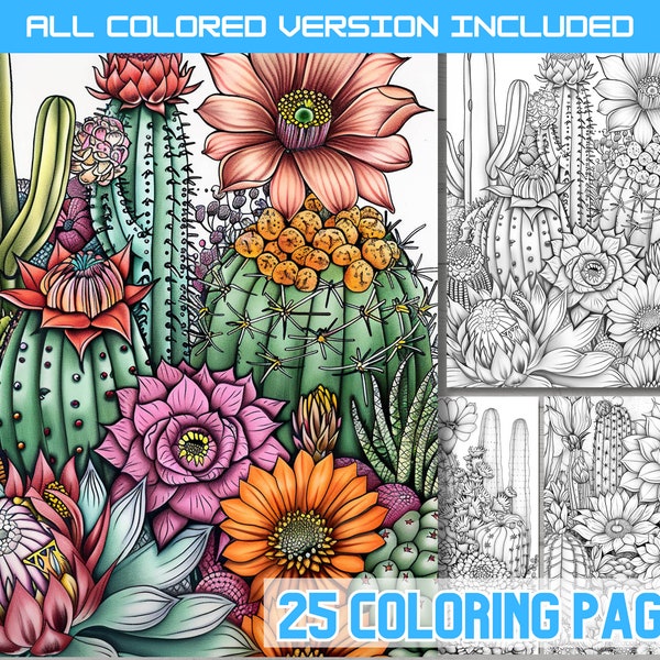 Flowering cactus coloring sheets, Blooming cactus coloring sheets adult and kids , Cactus with flowers book, Floral cacti coloring sheets