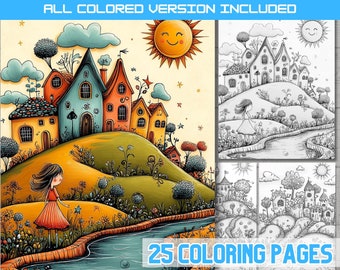Fantasy Village Coloring Book: Whimsical Landscape Scenes (PDF Download)