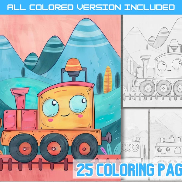 Cute Kawaii train illustrations coloring book, amusing kids adult Lovely railway coloring pages, lovely charming railroad sheet, Sweet train