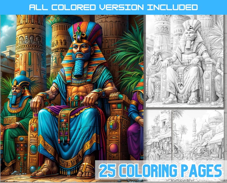 Antique Egypt Coloring Book, Pyramids and Pharaohs Scenes, Old Market Printable Sheets, Adults ...