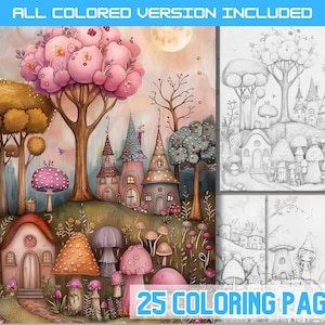 Può includere: Un set di 25 pagine da colorare con un'illustrazione fantasiosa di un villaggio fiabesco con case, alberi, funghi e una luna piena. L'illustrazione è in bianco e nero, pronta per essere colorata.