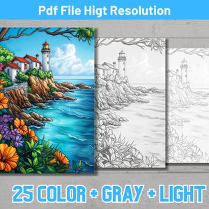 May include: A digital illustration of a lighthouse on a rocky coastline with a blue ocean. The image is available in color, grayscale, and black and white versions.  The text "25 COLOR + GRAY + LIGHT" is at the bottom of the image.