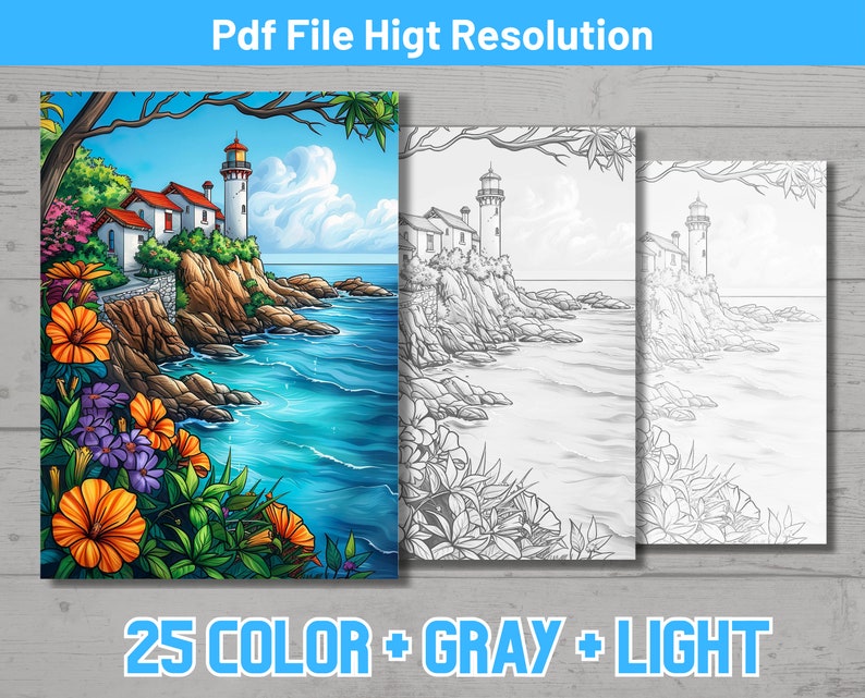 May include: A digital illustration of a lighthouse on a rocky coastline with a blue ocean. The image is available in color, grayscale, and black and white versions.  The text "25 COLOR + GRAY + LIGHT" is at the bottom of the image.