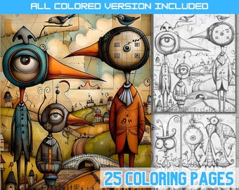 Surreal Bird Village Coloring Book: Whimsical Art Illustrations (Digital Download)