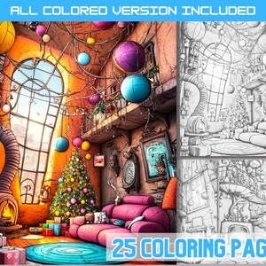 Könnte beinhalten: Eine farbenfrohe Illustration eines Raumes mit Weihnachtsbaum, Kamin und pinkfarbenem Sofa. Das Bild enthält den Text "ALL COLORED VERSION INCLUDED" und "25 COLORING PAGES". Der Raum ist mit hängenden Ornamenten und Geschenken dekoriert.