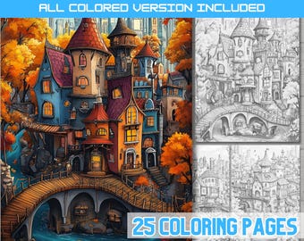 Fantasy City Coloring Book: Whimsical Urban Illustrations (Digital Download)
