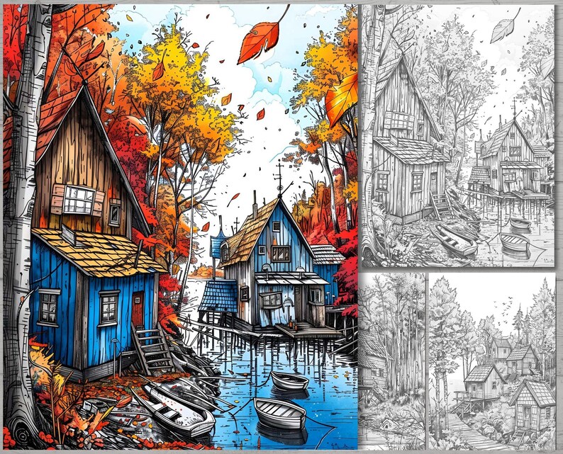 Rustic Coloring Books Rustic Lakeside Cabin Coloring Book: Autumn Village Scenes (PDF) - Etsy