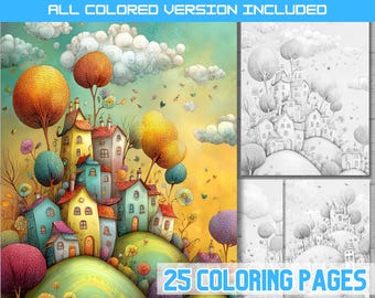 Fantasy Hill Town Coloring Pages Printable, Enchanted Village Landscape, Cozy Houses Coloring Book