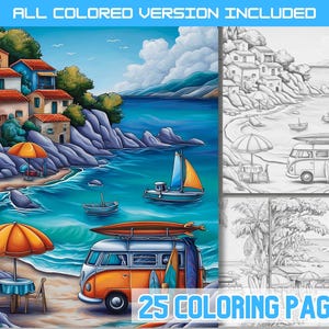 Beach Camper and Surf Coloring Pages, Vintage Van, Palm Trees, Ocean Scenes, Printable Summer Holiday PDF Coloring Book for Kids e Adults