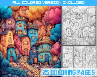 Fantasy Village Coloring Book Pages, Whimsical Fairy Tale Town Printable, Enchanted Houses PDF