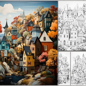 May include: A colorful illustration of a hillside village with various buildings in shades of blue, orange, yellow, and brown. Trees with orange and yellow leaves surround the houses. A small lake is at the bottom of the hill.