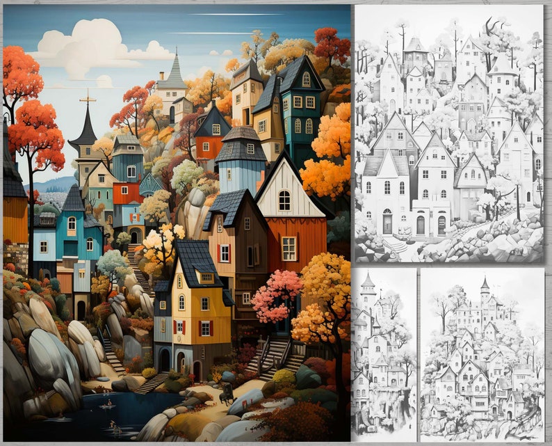 May include: A colorful illustration of a hillside village with various buildings in shades of blue, orange, yellow, and brown. Trees with orange and yellow leaves surround the houses. A small lake is at the bottom of the hill.