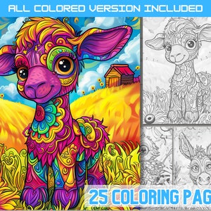 May include: A colorful illustration of a cute, cartoon lamb with intricate floral patterns. The lamb is standing in a field of sunflowers and hay. The image is part of a set of 25 coloring pages.